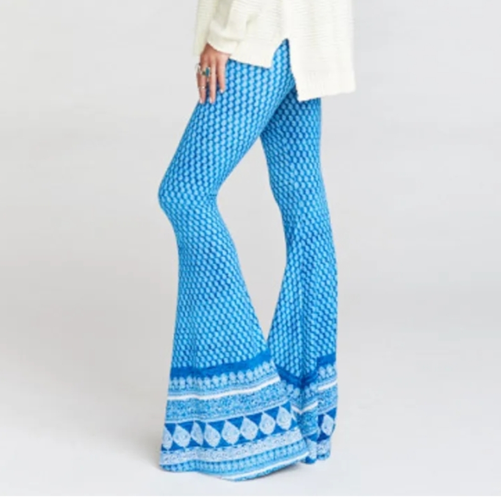 Show Me Your MuMu Henna Wave Bam Bam Blue White Flare Boho Pants Size Large